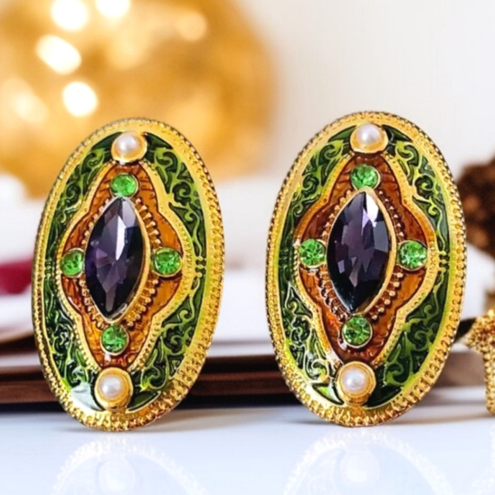 Vintage Byzantine Amethyst Crystal Pearl Enamel Oversized Earrings